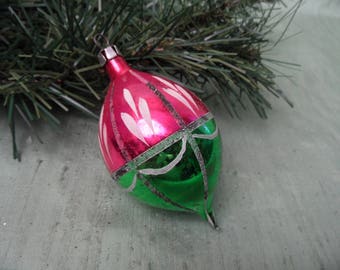 Poland pink and green teardrop glass ornament / vintage Christmas tree ornament bauble