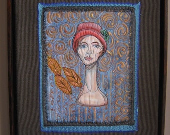 Sweet Judy- a Mixed Media Textile Art piece featuring a Hat Mannequin