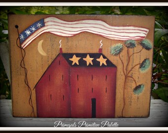 Americana Flag Salt Box Wood Shelf Sitter Block Summer Home Decor