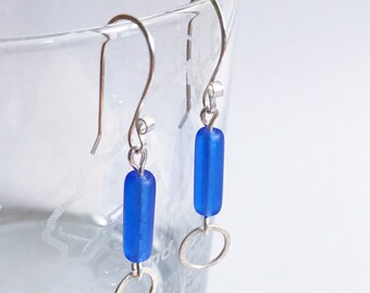 Argentium silver and blue sea glass dangling earrings
