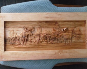 SCERNERY-WOOD CARVINGS--moose on the plains---8 x 16