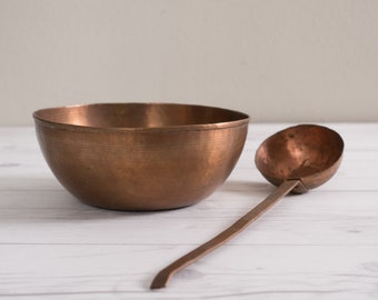 Primitive Hammered Copper Bowl and Serving Spoon