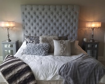 Extra Wide King Crystal Diamond Tufted Headboard and Bench Set