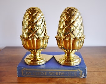 Pair Brass Pineapple Bookends Candle Holders, Brass Pineapples Mantle, Brass Office, Hollywood Regency Office Bookcase Shelf