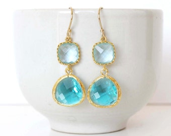 Aquamarine and blue zircon earrings Turquoise earrings Aqua earrings teal earrings seafoam jewelry blue green earrings Aqua Blue Earrings