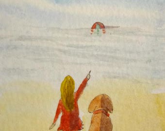 Ball in the Sea - ACEO - Original Minature Hand Painted Watercolor Painting Folk Art