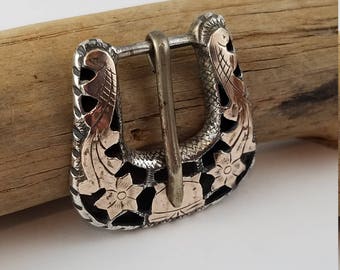 Silver and Gold belt buckle Mexico silver buckle with floral design PE2910