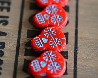 Haunted Faces - Czech Glass Beads, Opaque Coral Red, Turquoise Wash, Sugar Skulls 20x17mm - Pc 2