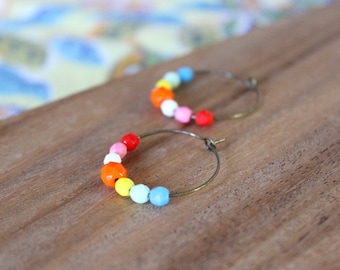 rainbow bright czech glass hoop earrings