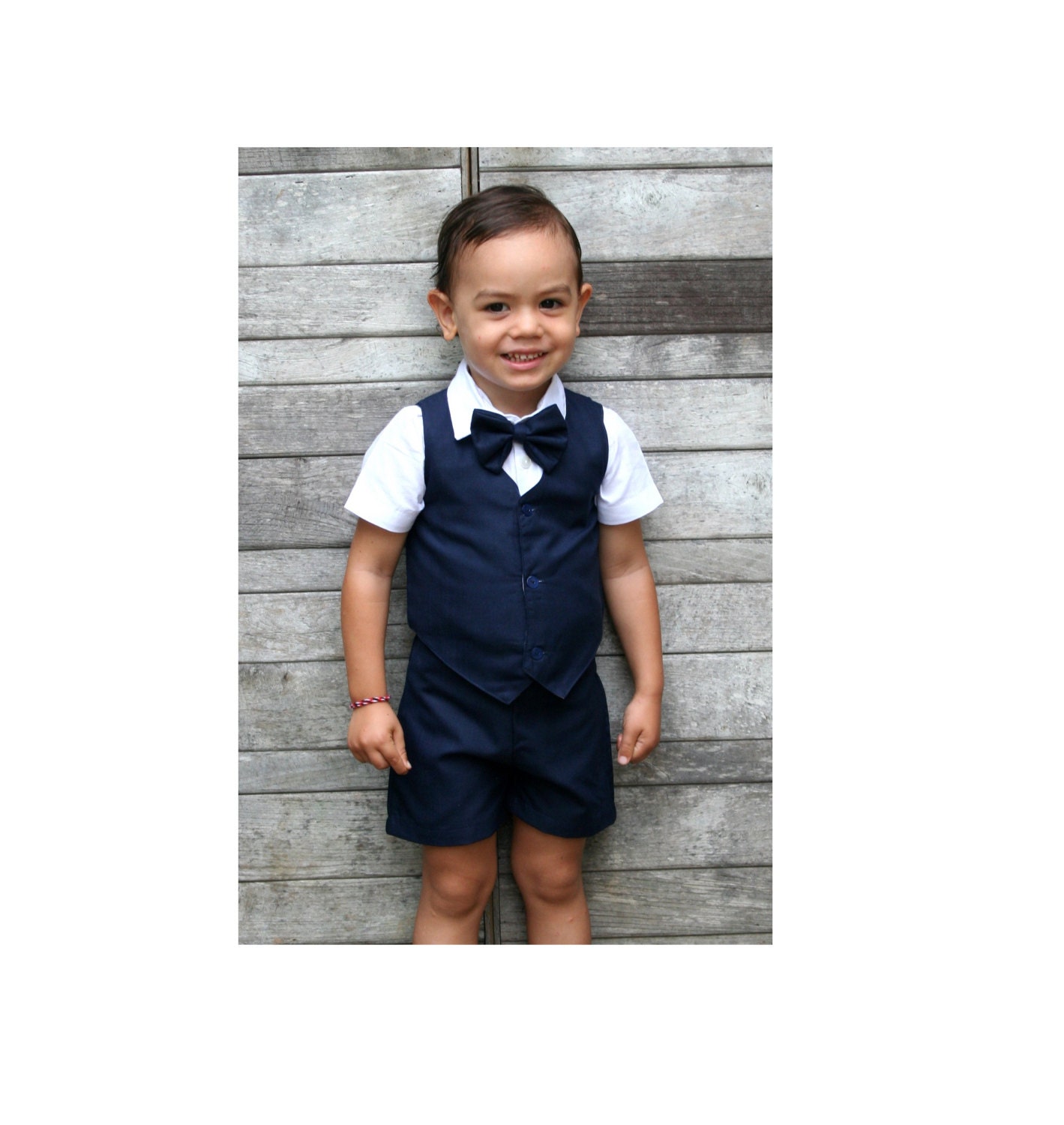 4 pcs. Boy Wedding Outfit NavyBoy Suspender ShortsLinen
