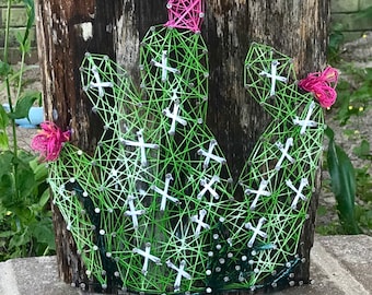 Cactus string art on natural wood block. One of a kind!