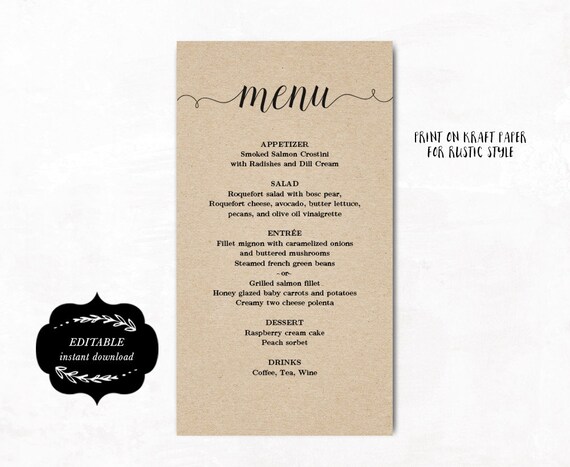 printable wedding menu template kraft paper menu simple and