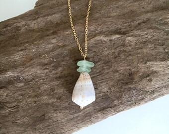 Sea Glass and Cone Shell Pendant Necklace, Gold Fill