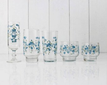 ARCOPAL drinking glasses set - France, Veronica, Myosotis, Forget me not, Blue flowers, Retro kitchen decor, French home decor, For 2 , E017