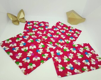 Set of 4 gift bags in red, white and gold fabric with angels. 4 small bags for packing gifts, jewelry, candy, chocolate