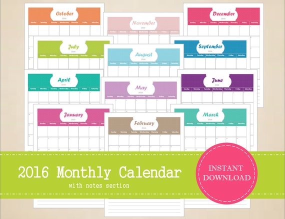 Items Similar To Printable 2016 Monthly Calendar With