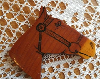 Vintage horse brooch wood handmade pony pin carved artisan broach