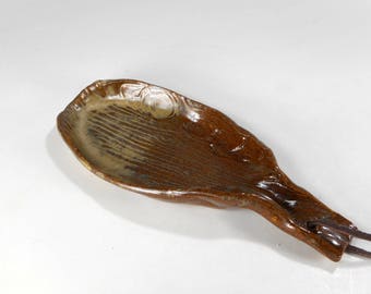 Ceramic spoon rest, pottery spoon rest, stoneware spoon holder dish, ceramic spoon holder, large oval spoon rest, wood grain pottery