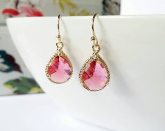 Pink earrings, pink drop earrings, pink dangle earrings, pink and gold earrings, everyday earrings, elegant earrings, gift for her