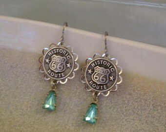 Get Your Kicks - Historic Route 66 Buttons Bezels Turquoise Glass Beads Niobium Wires Recycled Repurposed Upcycled Jewelry Earrings