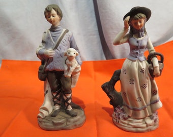 Vintage TAIWAN Porcelain Sheep Herder and Woman w/Basket 7 1/2" Tall