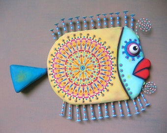 Zen Goldfish, Fish Wall Art, Original Found Object Wall Sculpture, Wood Carving, Marine Art, Mandala Art, by Fig Jam Studio