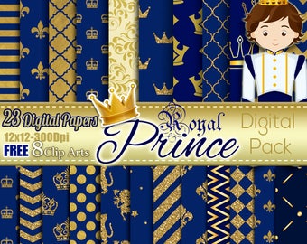 Royal Prince Boy Blue & Gold Digital papers, Gold Crown Digital Free Clipart, Birthday, Scrapbooking Paper Party Theme Royal Baby Shower