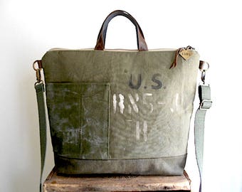 Made to Order: Recycled military canvas tote, crossbody bag - eco vintage fabrics