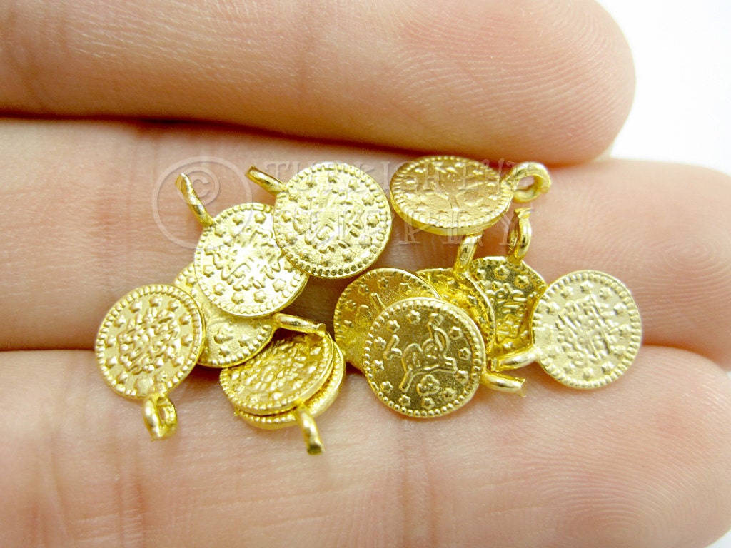 20 Mini Gold Coin Charms Matte 22K Gold Plated Mini Ottoman