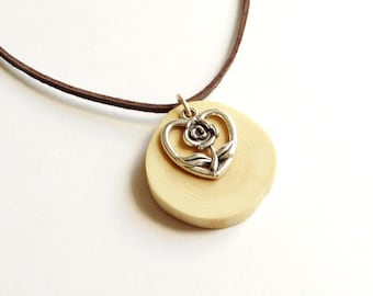 Wooden necklace, Tibetan silver heart and wood necklace, Tibetan silver and wood pendant, eco friendly necklace (0235)