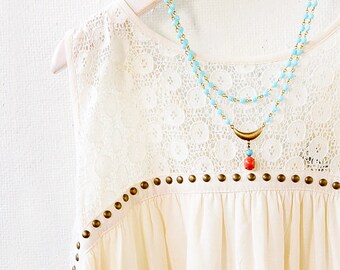 Beaded necklace, multi strand necklace, bead strand necklace, blue bead necklace, vintage style necklace, dainty bead necklace, coral