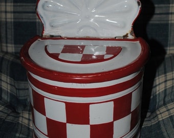 Antique French enameled SALT BOX RED Checks Lustucru