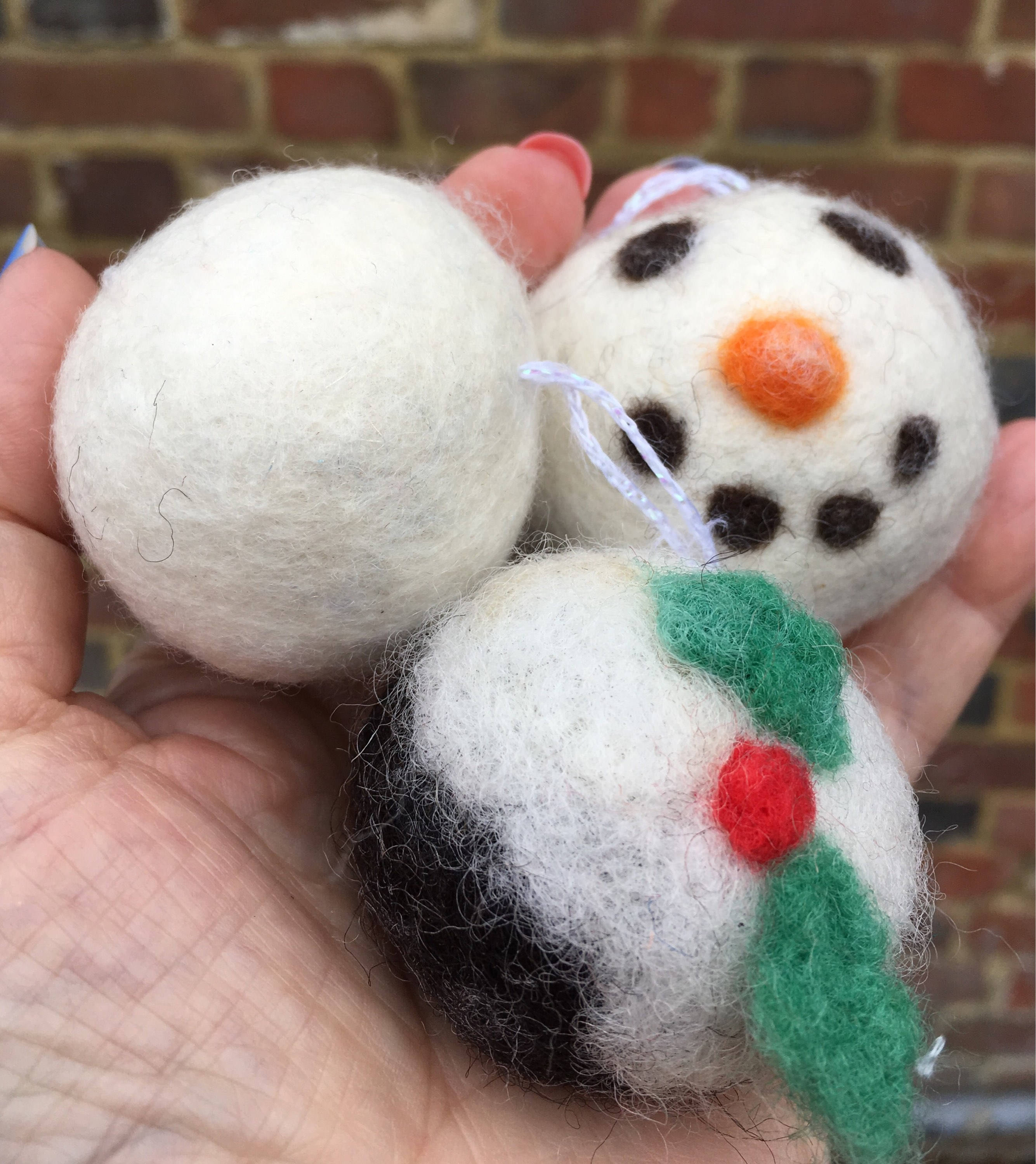 Needlefelted Christmas Baubles. Mini Snowmen faces Snowballs