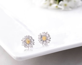 925 Sterling Silver Sunflower Studs Earring, Sunflower CZ Studs, Flower Studs, Silver Daisy Flower Charm Stud Earrings, Daisy Jewelry, Studs