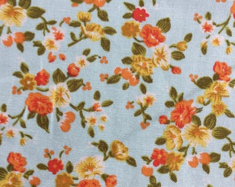 Very pretty duck egg blue, orange, yellow floral fabric - Rose and Hubble 100% cotton poplin fabric UK
