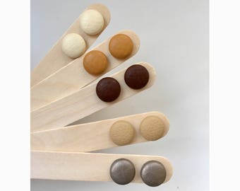 15mm Neutrals Faux Leather Fabric Button Stud Earrings • Surgical Steel • Hypoallergenic • Leatherette • Tan • Brown • Cream •
