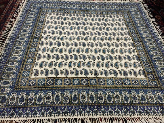 Calico tablecloth 40" inches blue paisley tapestry , wall decor, natural dyes with tassels
