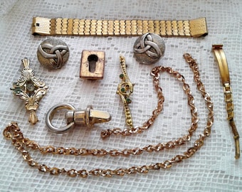 Shabby Golden tone Odds ends instant collection Destash Trinkets lot Mixed Random Assortment Junk Reuse Found objects chain brooch buttons