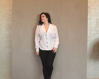 Vintage Plus Size Blouse | White Blouse | Polka Dot Blouse | Structured Blouse | XLarge Blouse XL | Size 16 Blouse 1X | 80s Blouse Preppy