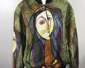 Vintage 80s Picasso Avant Garde Street Wear Satin Zip-It-Up Bomber Spring Jacket Coat-- M/L/XL