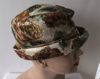 Vintage Hat French Room Stix Baer & Fuller Designer Cream Green Brown Gold Floral Retro Accessoris