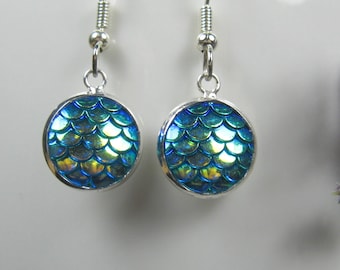 Mermaid scale earrings, nickel free, surgical stainless steel, blue earrings, small drop earrings, silver earrings dangle, ready to ship