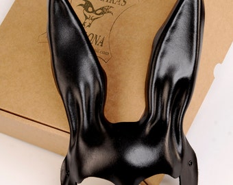 Black rabbit Skin mask, black rabbit leather mask, Coney mask, handmade mask, handmade mask, mask, Fantasy mask, Donnie Darko mask
