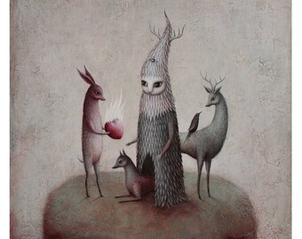 The Awakening Print Hare Stag Owl Dog Animal Bird Painting Nature Painting Art Vintage Home Decor