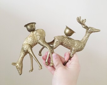 Vintage Set of Two Brass Deer Candleholders -- Brass Figurines -- Boho Home Decor