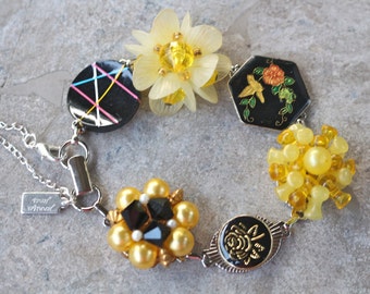 Bridesmaid Gift, Vintage Earring Bracelet, Silver, Upcycled, Antique, Cluster, Flower, Yellow, Black, Jennifer Jones, OOAK, Butterfly Garden
