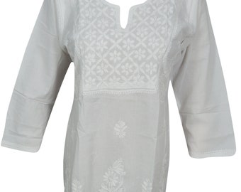 Women's Ethnic White Tunic Blouse Floral Embroidered Indian 3/4 Sleeves Short Kurti Shirt XS