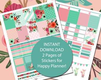 Coralmint Flowers - MAMBI Happy Planner Printable Stickers - 2 Pages - Instant Download - Over 100 Stickers