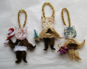 Chenille Ornaments, Cat Ornaments, Primitive Style Chenille Victorian Ornaments, Cat Lover, (191)