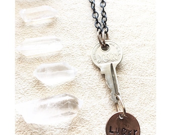 Lucky Master / Repurposed Jewelry / Handmade / One Of A Kind / Key Jewelry / Coin Jewelry / Unique Recycled Art / Hand Stamped / Luck / Boho